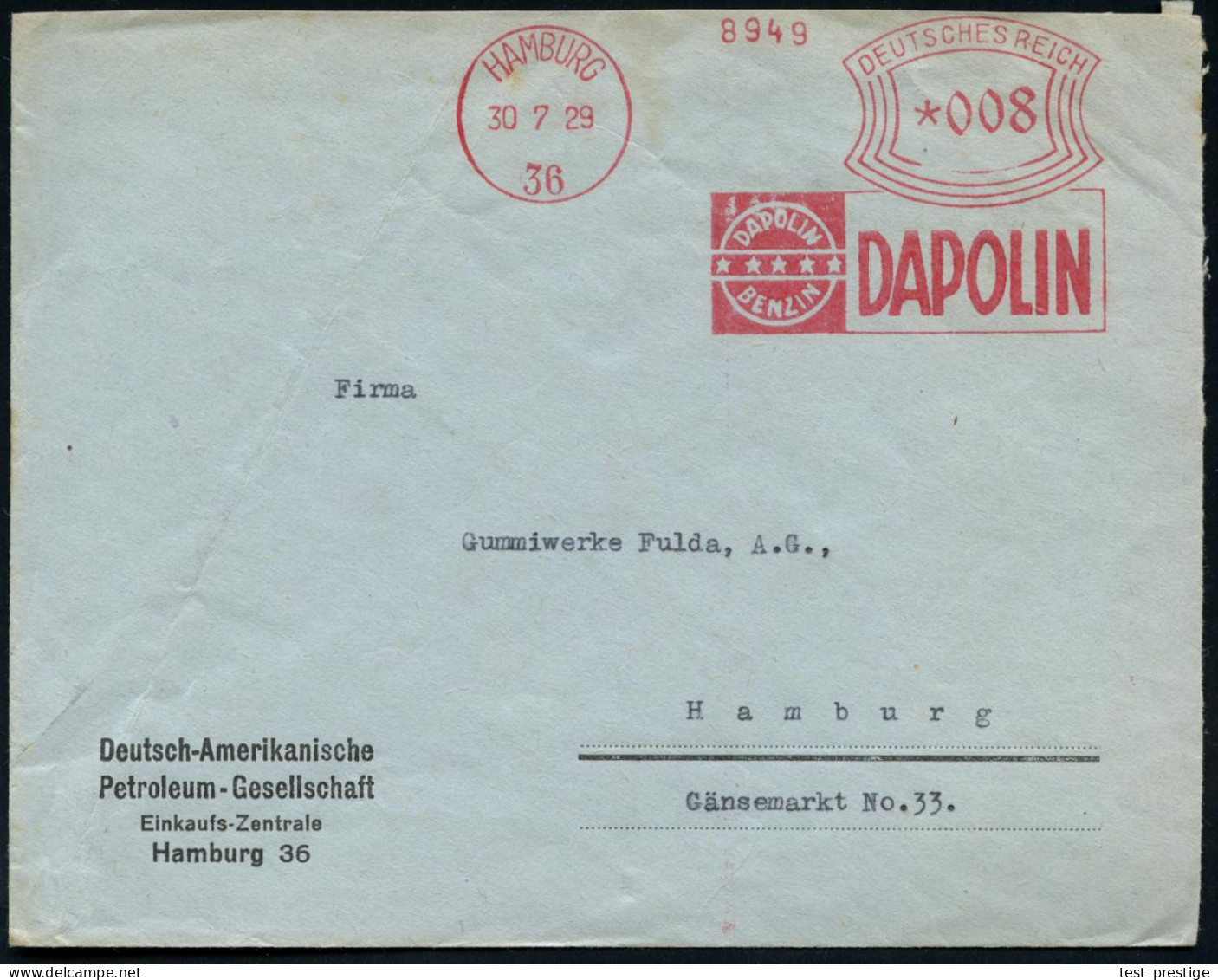 HAMBURG/ 36/ DAPOLIN/ BENZIN.. 1929 (30.7.) AFS Francotyp= Firmen-Logo Auf Firmen-Orts-Bf.: Deutsch-Amerikanische Petrol - Erdöl