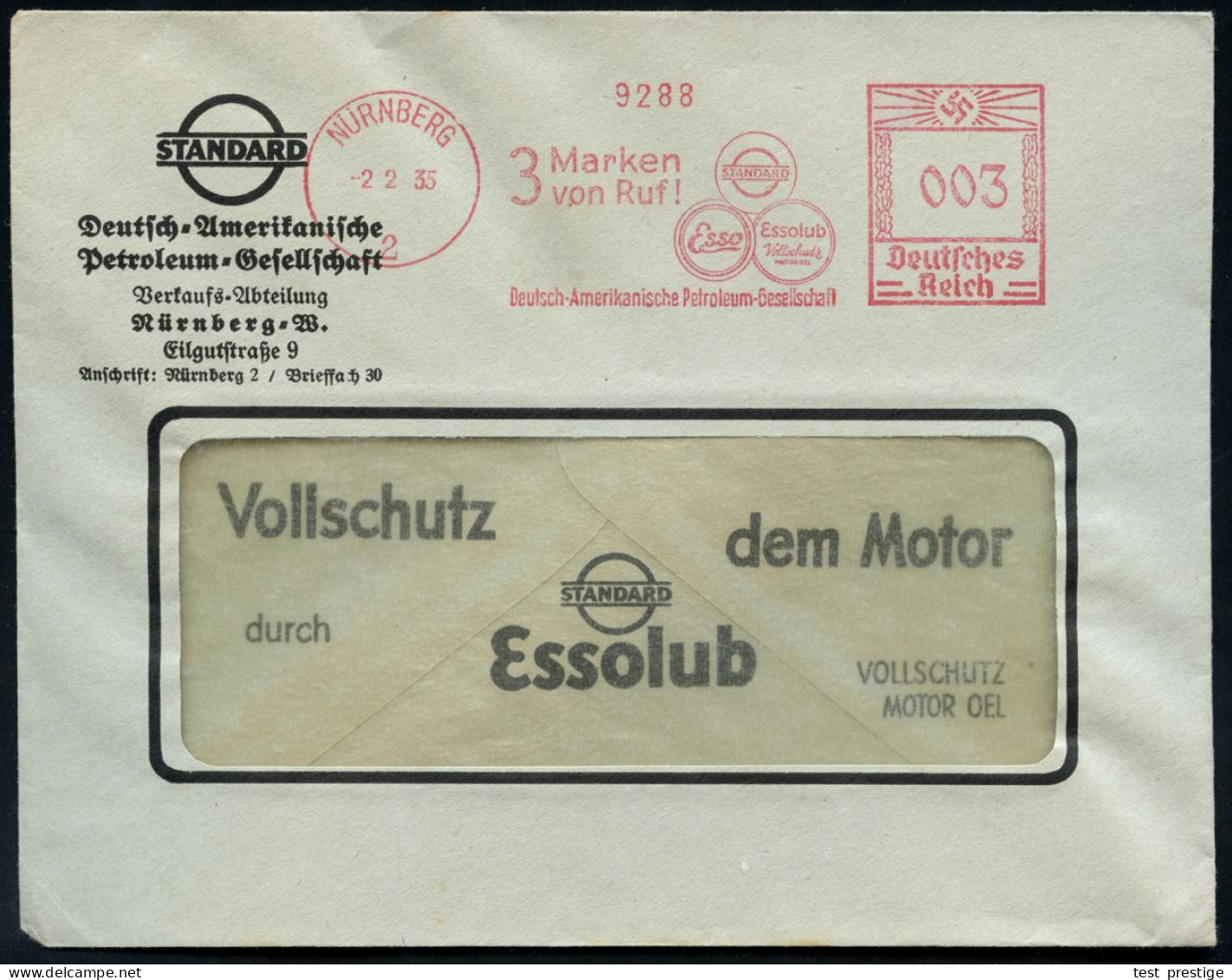 NÜRNBERG/ 2/ 3 Marken/ Von Ruf!/ STANDARD/ Esso/ Essolub/ Deutsch-Amerikanische Petroleum-Ges. 1935 (2.2.) AFS Francotyp - Pétrole