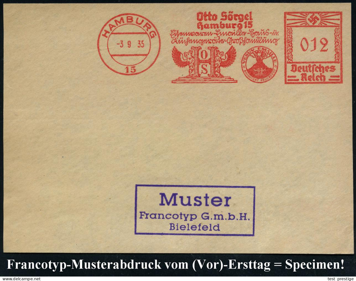 HAMBURG/ 15/ Otto Sörgel/ ..Eisenwaren-Emaille-Haus-u./ Küchengeräte../ Vesuv.. 1935 (3.9.) Dekorativer AFS-Musterabdruc - Vulkane