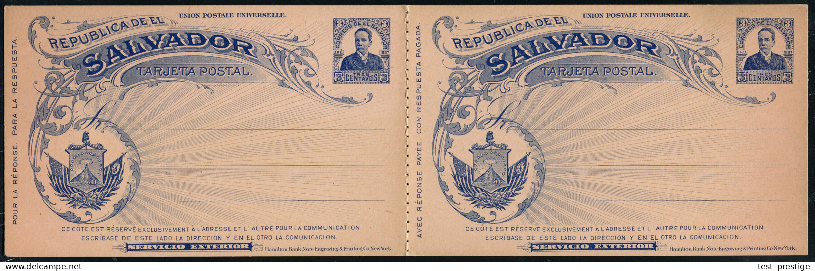 EL SALVADOR 1897 3 C. + 3 C. UPU (Präsident) Bla/rosa Mit Antwort , Links Unten Staatswappen Mit Vulkan "San Miguel" (u. - Volcans