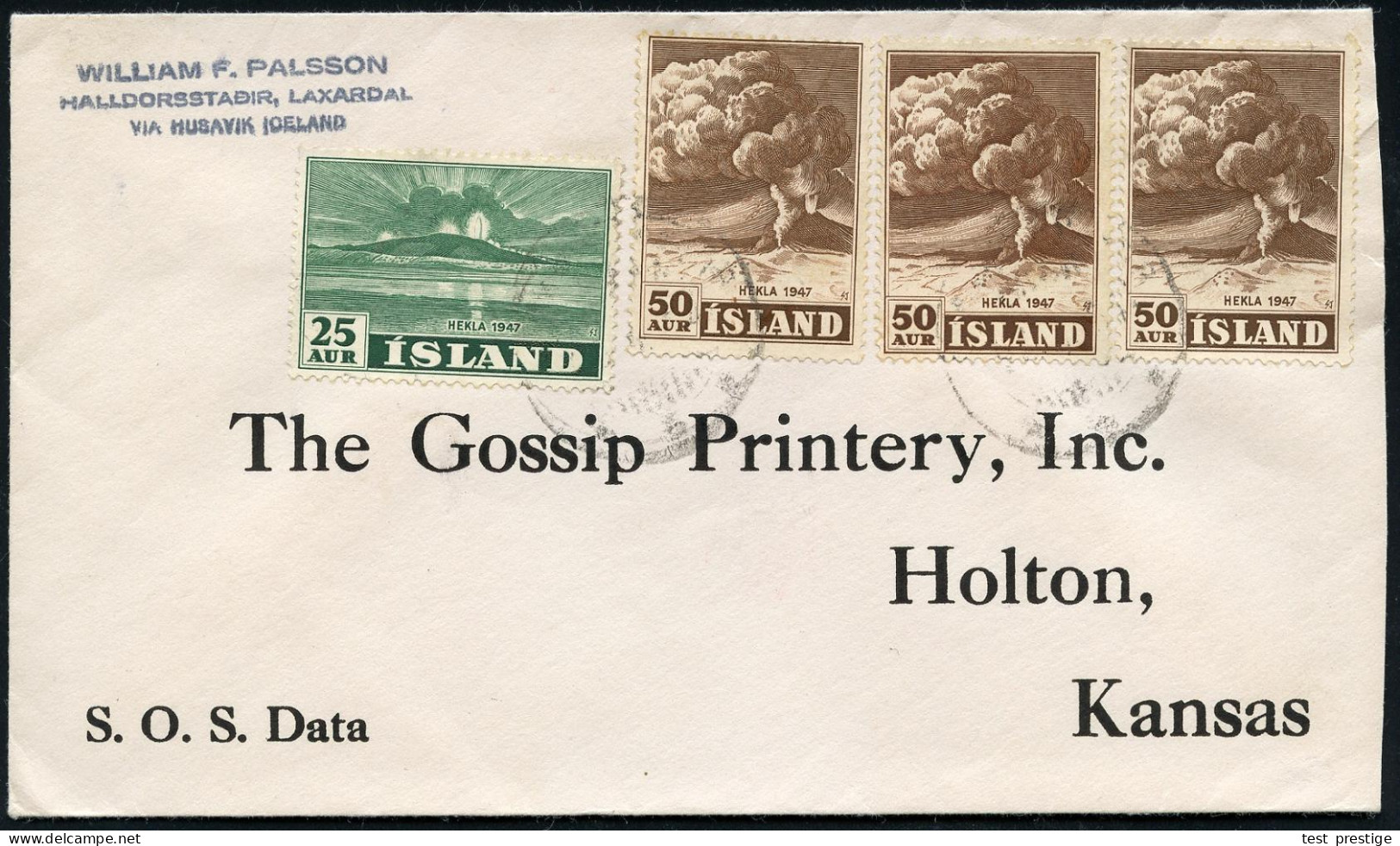 ISLAND 1948 25 Aur.. Hekla U. 50 Aur. Hekla, 3 Stück = Vulkan-Insel , Satzreine Frankatur, Sauber Gest. Übersee-Bf. (Mi. - Volcanos