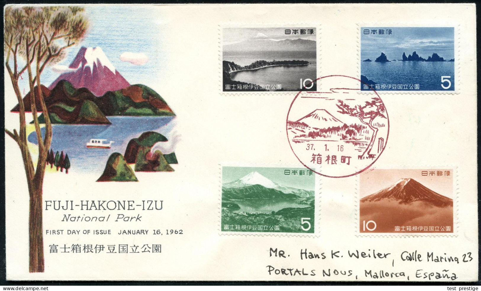 JAPAN 1962 (16.1.) Nationalpakr "Fuji-Hakone-Izu", Kompl. Satz Mit Vulkan "Fuji" Auf Motivgl. Übersee-FDC-SU. (Mi.782/85 - Volcans