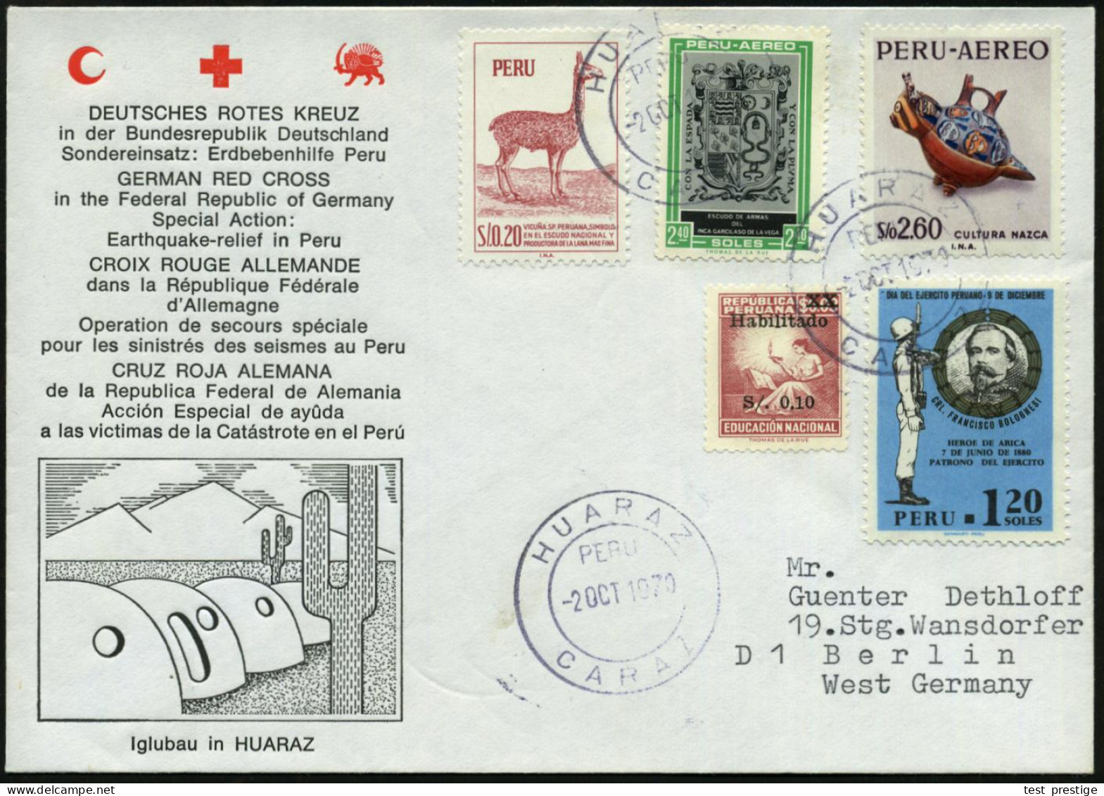 PERU 1970 (2.10.) Erdbebenhilfe Deutsches Rotes Kreuz, DRK-Spenden-SU (Not-Iglus) 2K: HUARAZ, Übersee-Bf.  - VULKANISMUS - Vulkane