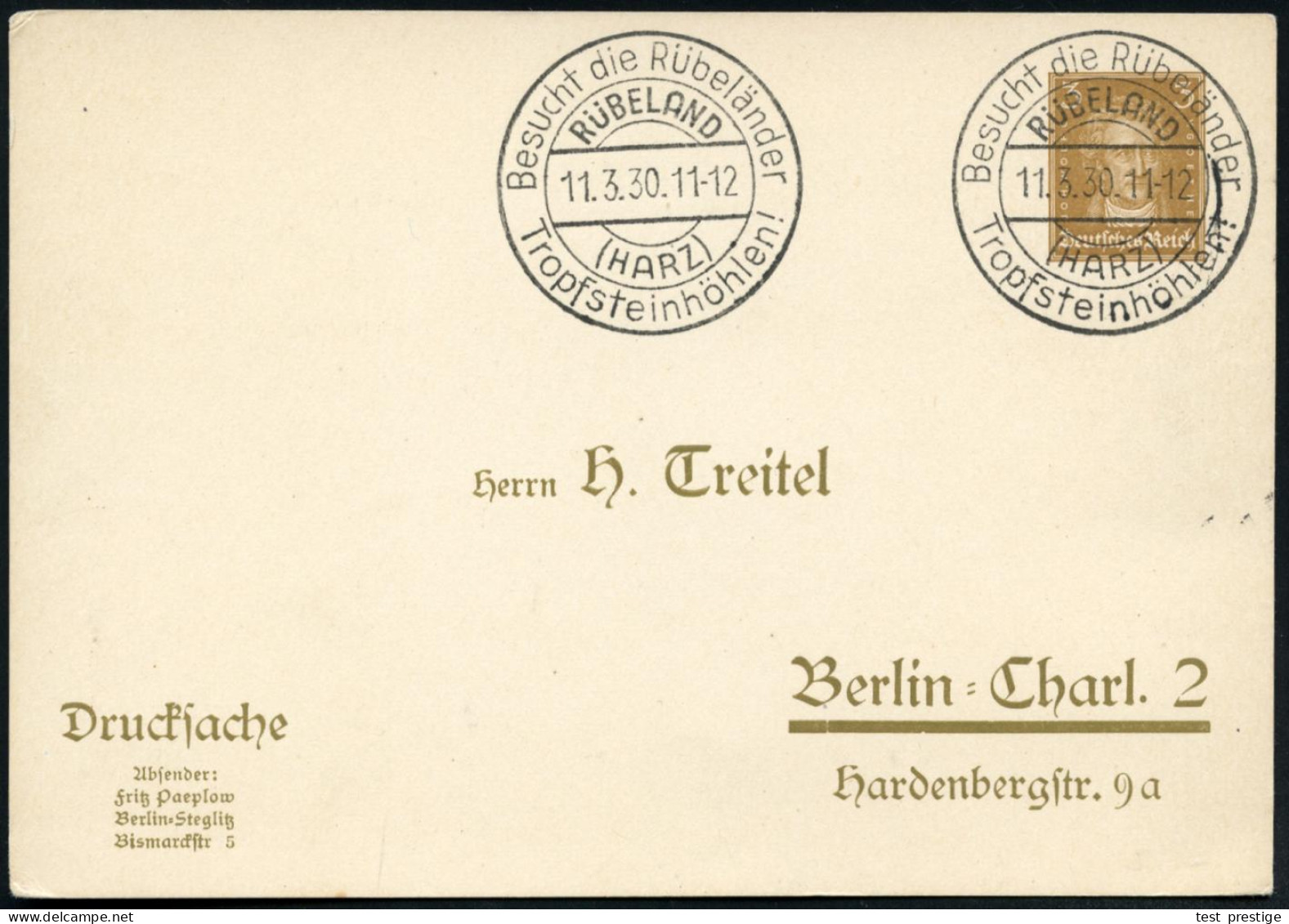 RÜBELAND/ (HARZ)/ Besucht D.Rübeländer/ Tropfsteinhöhlen! 1930 (11.3.) HWSt 2x Auf PP 3 Pf.Goethe (Mi.PP 97/B 6 = Blanco - Other & Unclassified