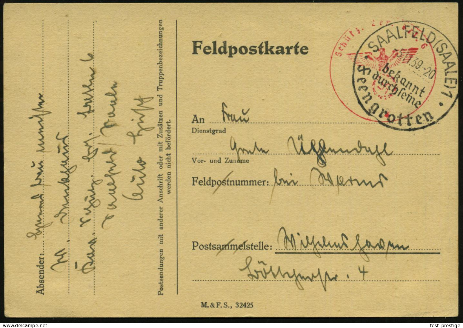 SAALFELD (SAALE)1/ Bekannt/ Durch Seine/ Feengrotten 1939 (5.11.) HWSt + Roter 1K-HdN: Schützen Ers. Btl. 6 Klar Gest. F - Other & Unclassified