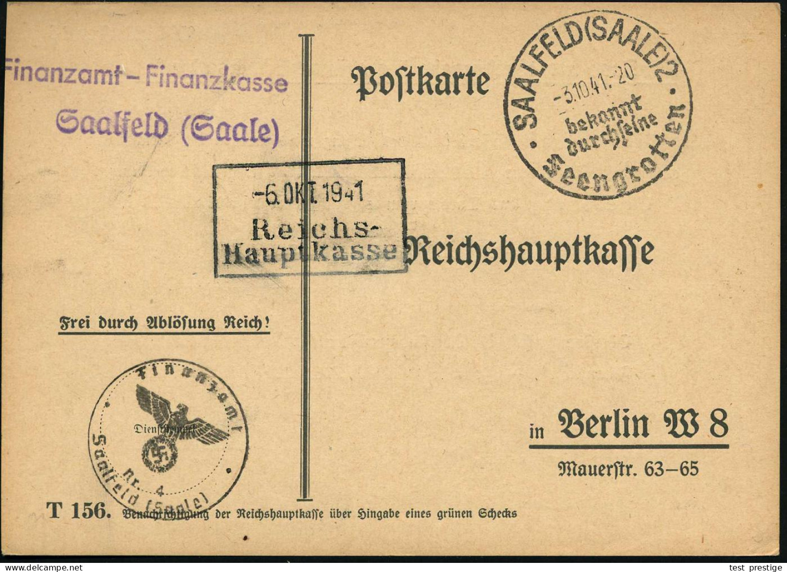 SAALFELD (SAALE)2/ Bekannt/ Durch Seine/ Feengrotten 1941 (3.10.) HWSt + 1K-HdN: Finanzamt/Nr.4/Saalfeld (Saale) , Klar  - Otros & Sin Clasificación