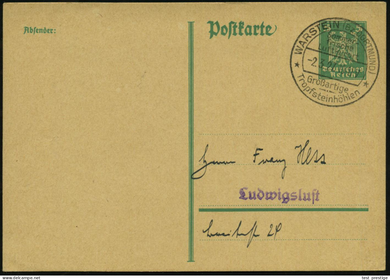 WARSTEIN (BZ DORTMUND)/ ..Luftkurort/ Großartige/ Tropfsteinhöhlen 1927 (2.3.) HWSt , Klar Gest. Inl.-Karte (Bo.1 ,Erstj - Otros & Sin Clasificación