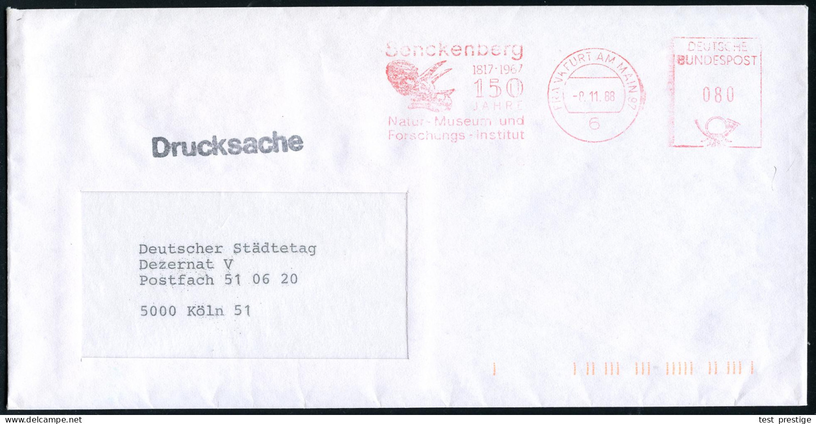 6 FRANKFURT AM MAIN 97/ Senckenberg/ 1817-1967/ 150/ JAHRE/ Natur-Museum.. 1988 (8.11) Jubil.-AFS Postalia = Skelett Ein - Autres & Non Classés