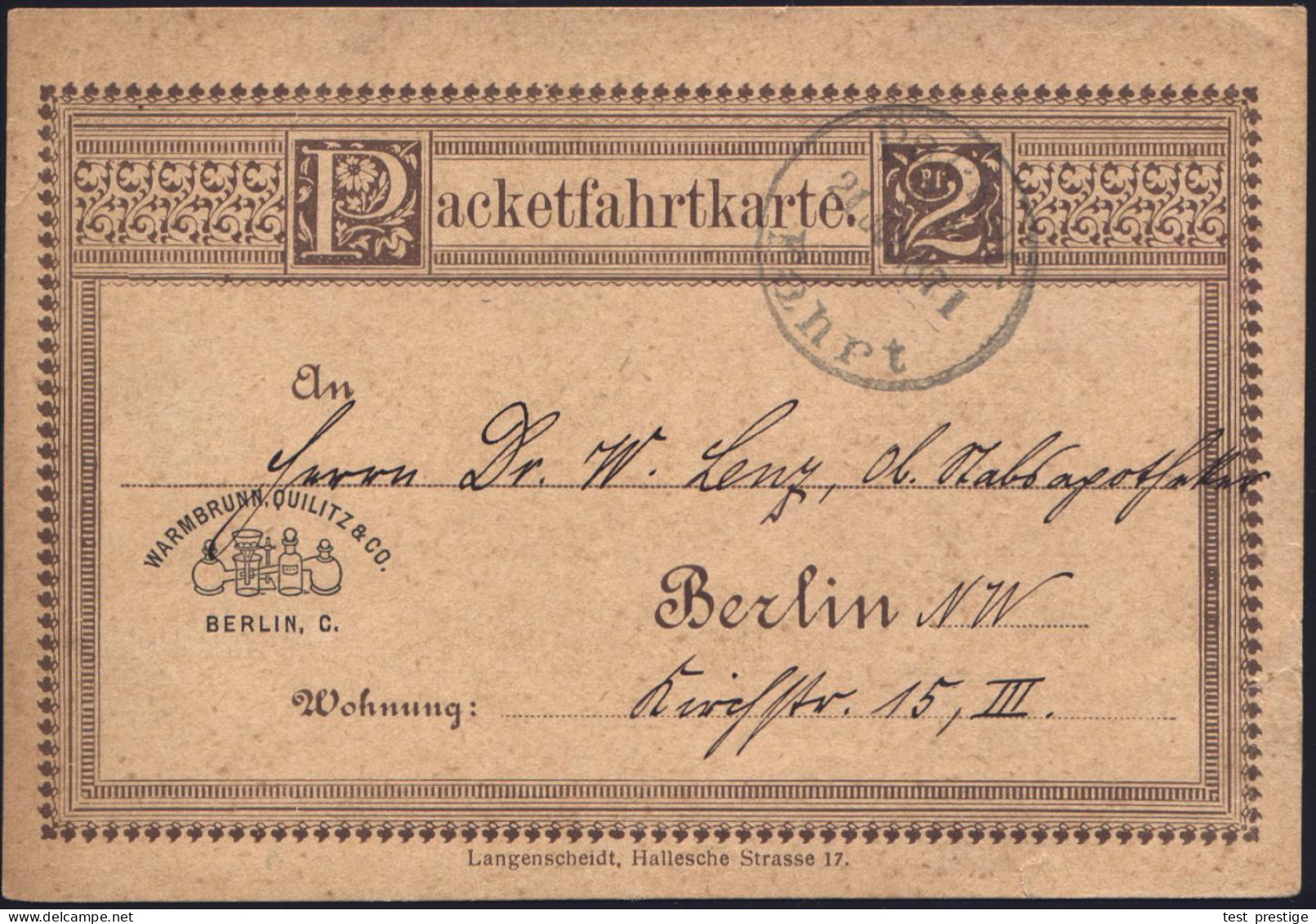 Berlin 1887 (21.7.) Privatpost-Reklame-P. "Paketfahrtkarte" 2 Pf. Ziffer , Braun: WARMBRUNN, QUILTZ & CO = Motive Chem.  - Glas & Fenster