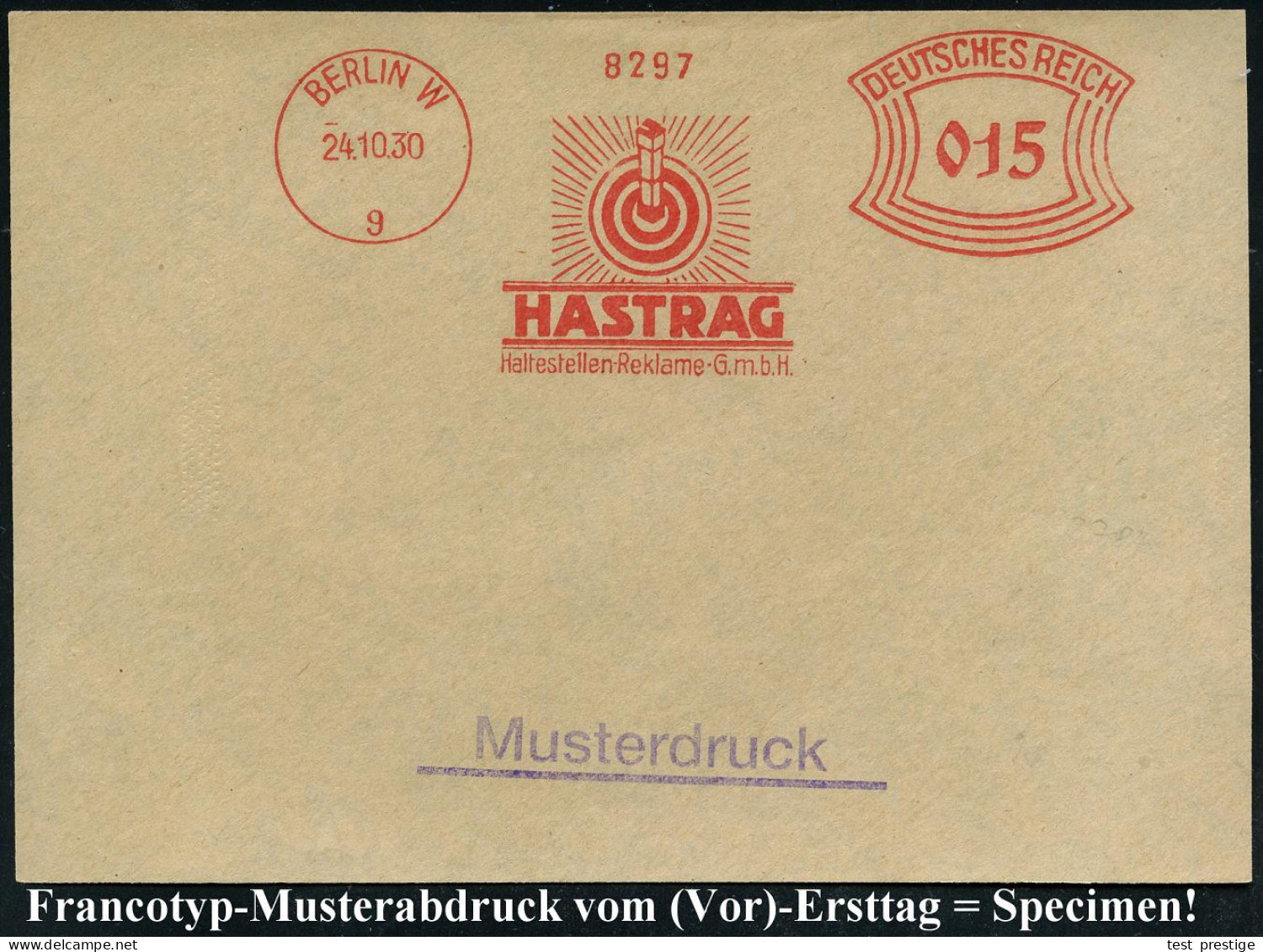 BERLIN W/ 9/ HASTRAG/ Haltestellen-Reklame-GmbH 1930 (24.10.) AFS-Musterabdruck Francotyp "Bogenrechteck" = Gläserne Hal - Verres & Vitraux