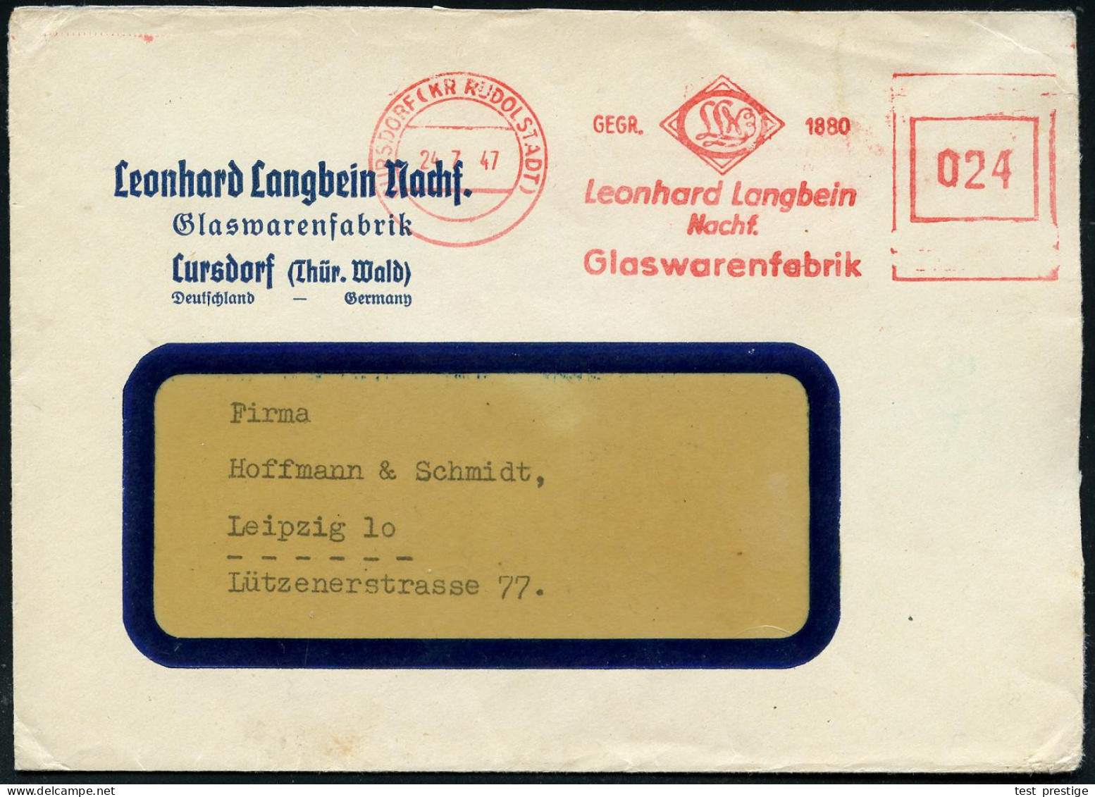 CURSDORF (KR RUDOLSTADT)/ GEGR.1880/ Leonhard Langbein/ Nachf./ Glaswarenfabrik 1947 (24.7.) Aptierter AFS Francotyp "Re - Glas & Fenster