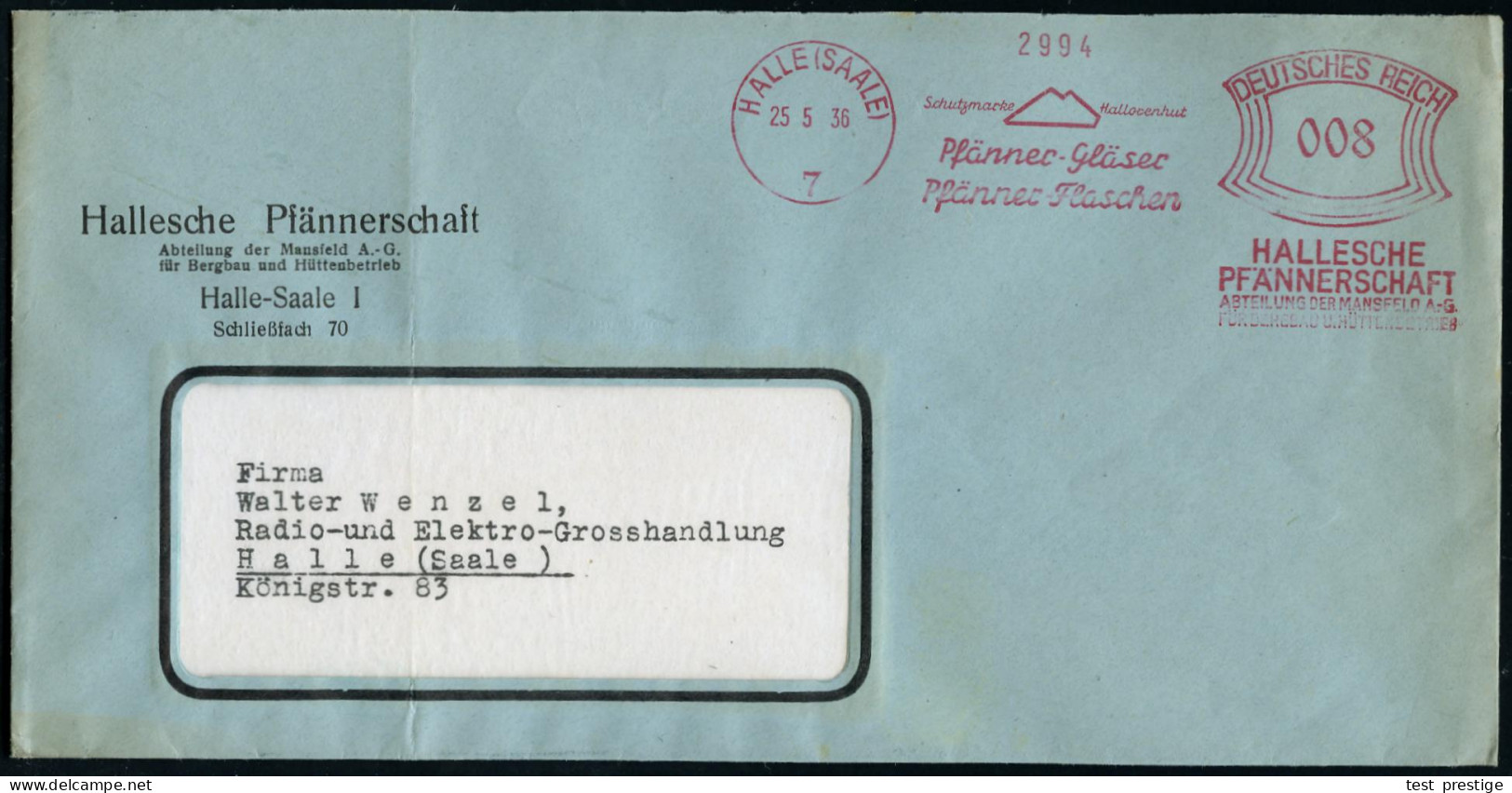 HALLE (SAALE)/ 7/ Pfänner-Gläser/ Pfänner-Flaschen/ HALLESCHE/ PFÄNNERSCHAFT/ ABT.DER MANSFELD AG.. 1936 (25.5.) AFS Fra - Glas & Brandglas