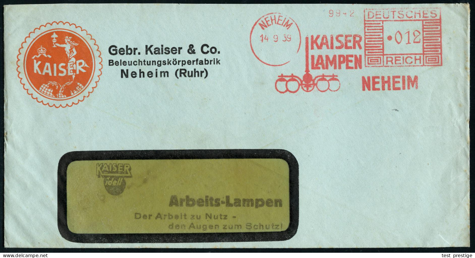 NEHEIM/ KAISER/ LAMPEN 1939 (14.9.) AFS Francotyp = Kronleuchter Mit Glaskugeln , Dekorativer Reklame-Bf.: Gebr.Kaiser ( - Verres & Vitraux