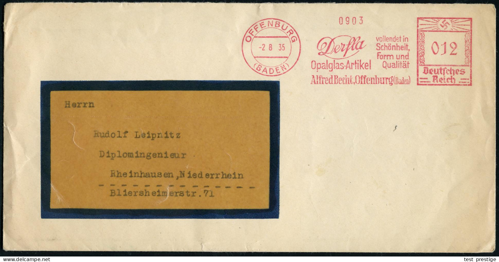 OFFENBURG/ (BADEN)/ Derfla/ Opalglas-Artikel/ Alfred Becht.. 1935 (2.8.) AFS Francotyp + Rs. Produkt-Verschluß-Oblate Mi - Verres & Vitraux