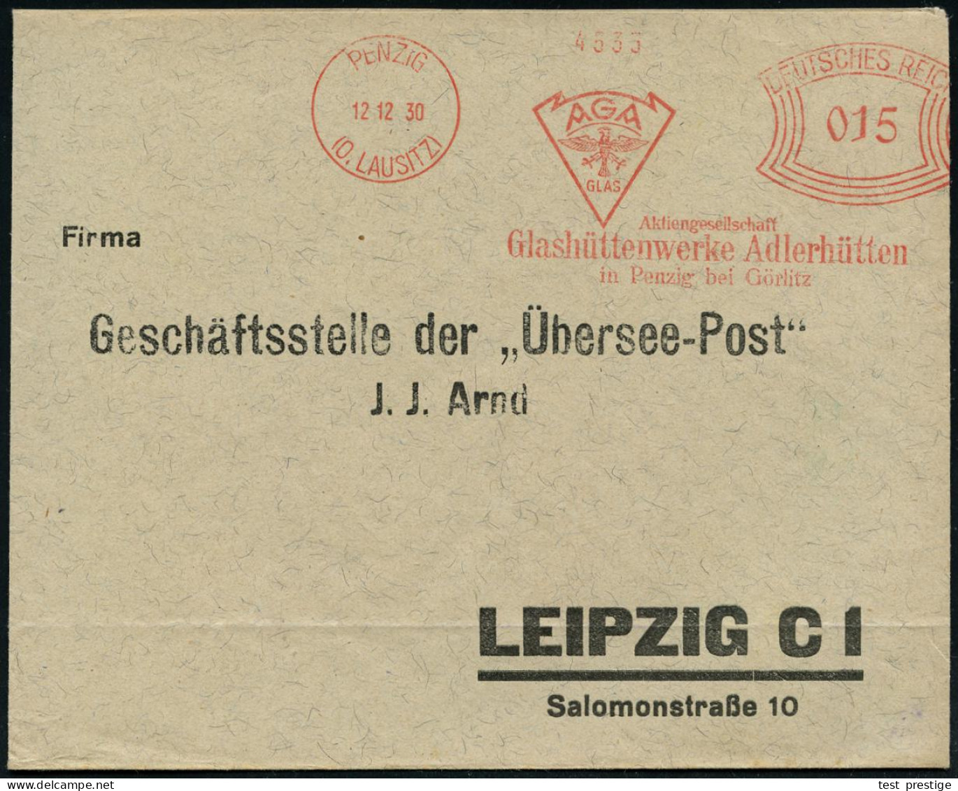 PENZIG/ (O.LAUSITZ)/ AGA/ GLAS/ ..Glashüttenwerke Adlerhütten 1934 (27.11.) AFS Francotyp. (Adler-Logo) Firmen-Fern-Bf.  - Vidrios Y Vitrales