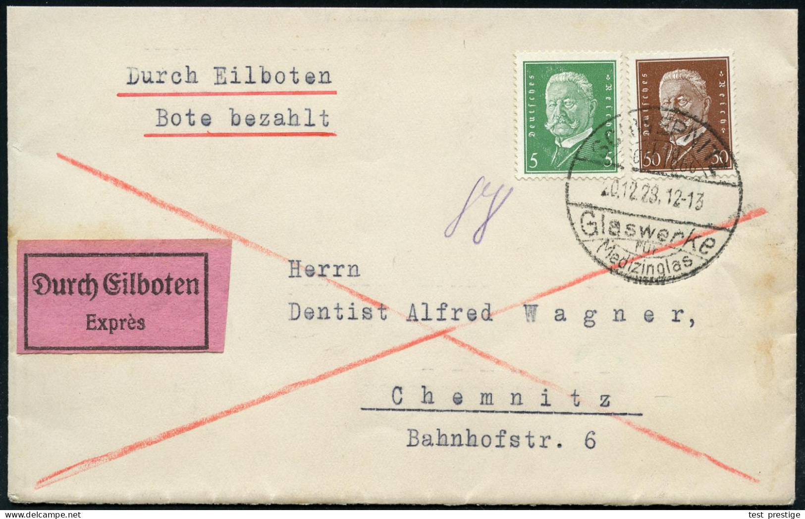 SCHWEPNITZ/ Seit 1866/ Glaswerke/ Für/ Medizinglas 1928 (20.12.) HWSt Auf Hindenbg. 5 Pf. U. 50 Pf. (Mi.411, 420) Inl.-E - Verres & Vitraux