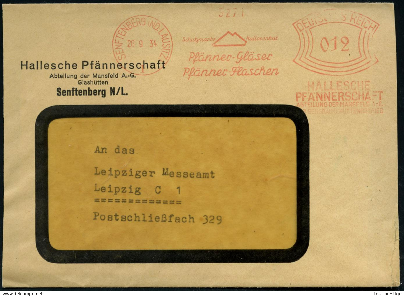 SENFTENBERG (ND.LAUSITZ)/ Pfänner-Gläser/ Pfänner-Flaschen/ HALLE/ PFÄNNERSCHAFT/ ABT.MANSFELD AG.. 1934 (26.9.) AFS Fra - Glas & Brandglas