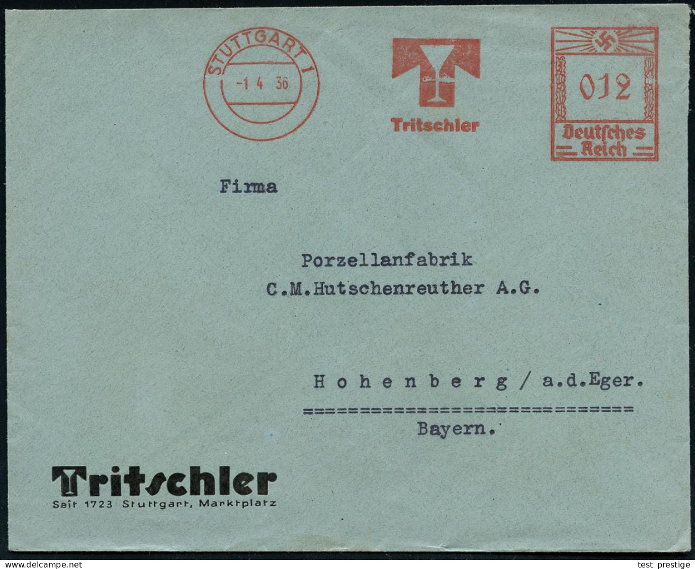 STUTTGART 1/ T/ Tritschler 1936 (1.4.) AFS Francotyp (Monogr.-Logo: "T" Mit Sektglas) Klar Gest. Motivgl. Reklame-Bf  (D - Verres & Vitraux