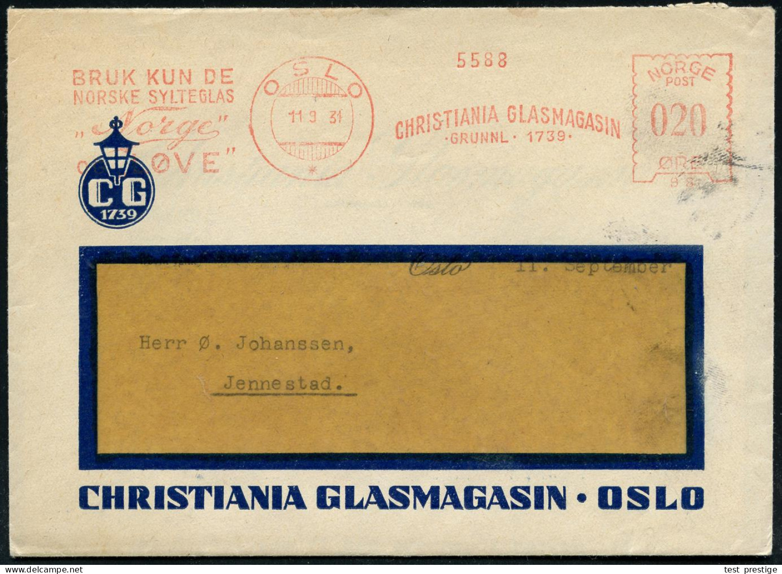 NORWEGEN 1931 (11.9.) AFS: OSLO/*/98/CHRISTIANIA GLASMAGASIN/GRUNNL 1739.. , Ekorativer Firmenbf.: Firmenlogo Glas-Later - Verres & Vitraux