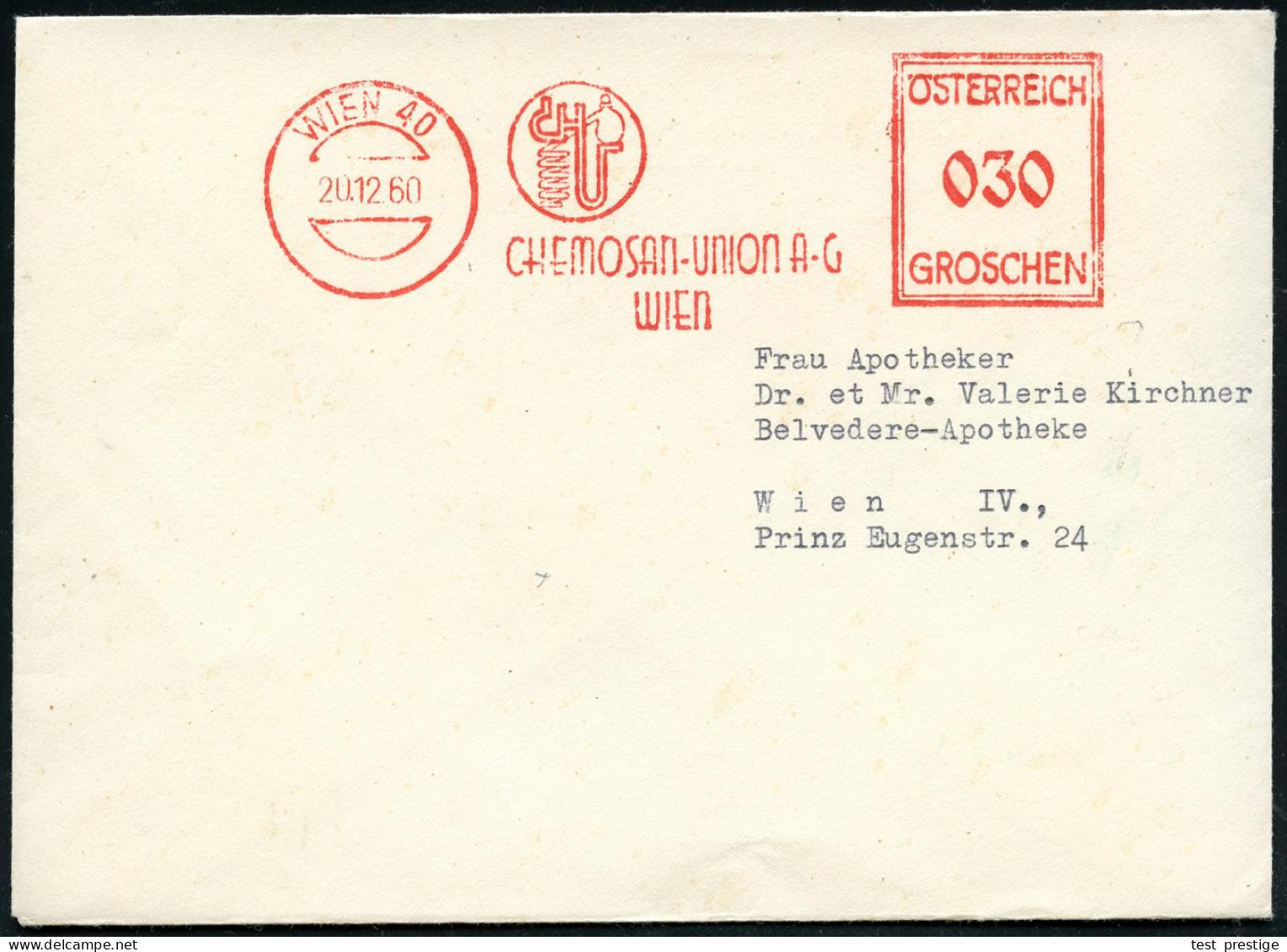 ÖSTERREICH 1960 (20.12.) Seltener AFS-Typ Francotyp: WIEN 40/CHEMOSAN.UNION AG  = Glas-Destillieranlage, Klar Gest. Orts - Glas & Fenster