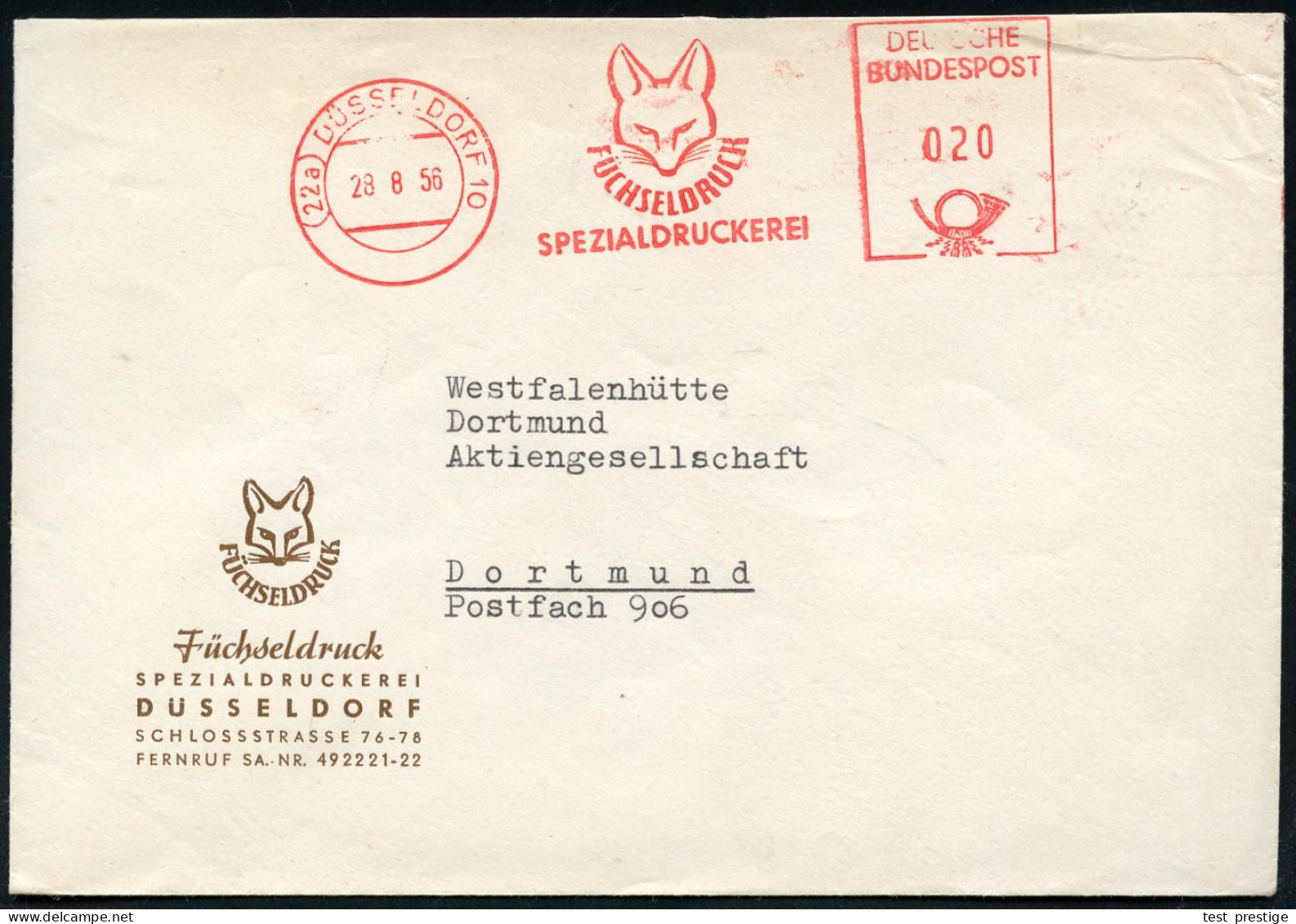 (22a) DÜSSELDORF 10/ FÜCHSELDRUCK/ SPEZIALDRUCKEREI 1956 (28.8.) AFS Postalia = Fuchs-Kopf , Motivgl. Firmen-Bf. (Dü.E-2 - Hunde