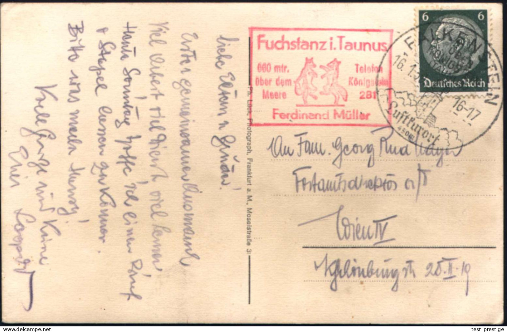 FALKENSTEIN/ über/ KÖNIGSTEIN/ (TAUNUS)/ Luftkurort.. 1939 (16.1.) HWSt (Burg Falkenstein) + Roter HdN: Fuchstanz I. Tau - Perros