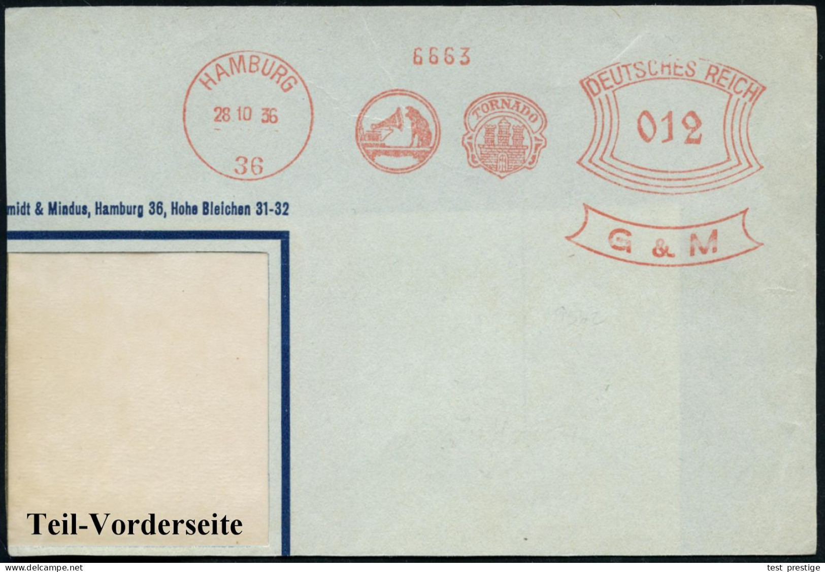 HAMBURG/ 36/ Goldschmidt & Mindus/ TORNADO 1932 (25.8.) Seltener AFS Francotyp = Hund Vor Grammophon (u. Wappen) Teil-Vo - Chiens