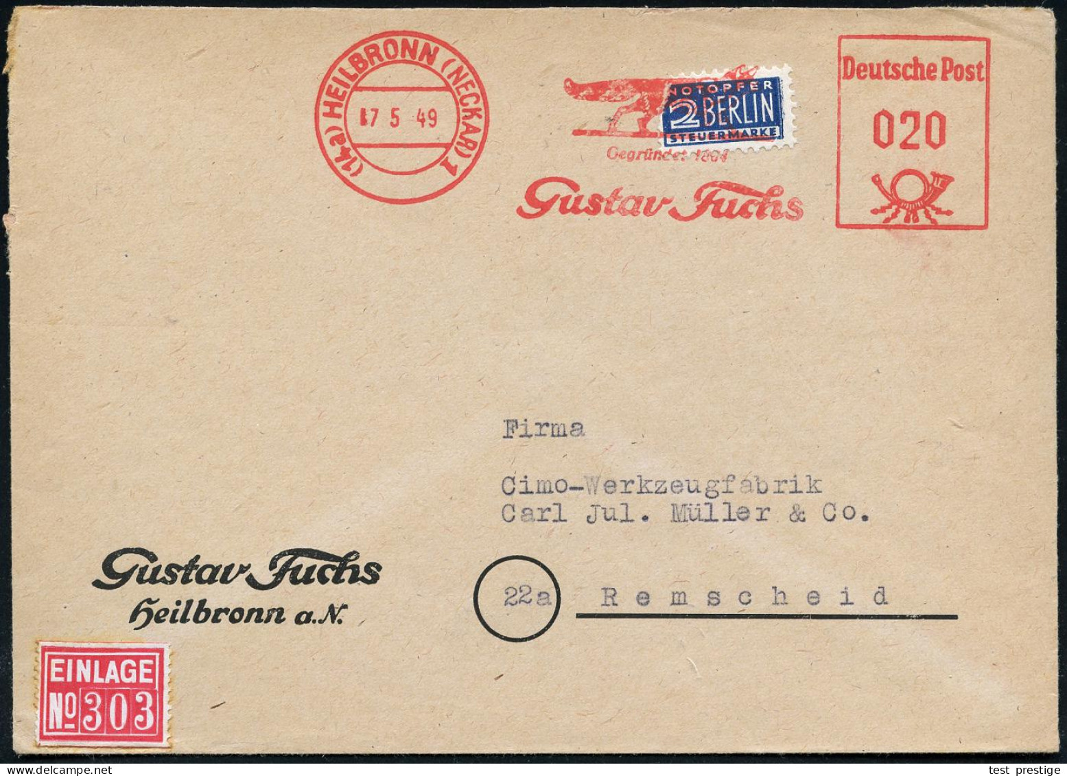 (14a) HEILBRONN (NECKAR) 1/ ..Gustav Fuchs 1949 (7.5.) AFS Francotyp "Posthorn Deutsche Post"= Fuchs Auf 2 Pf. NoB (= VE - Chiens