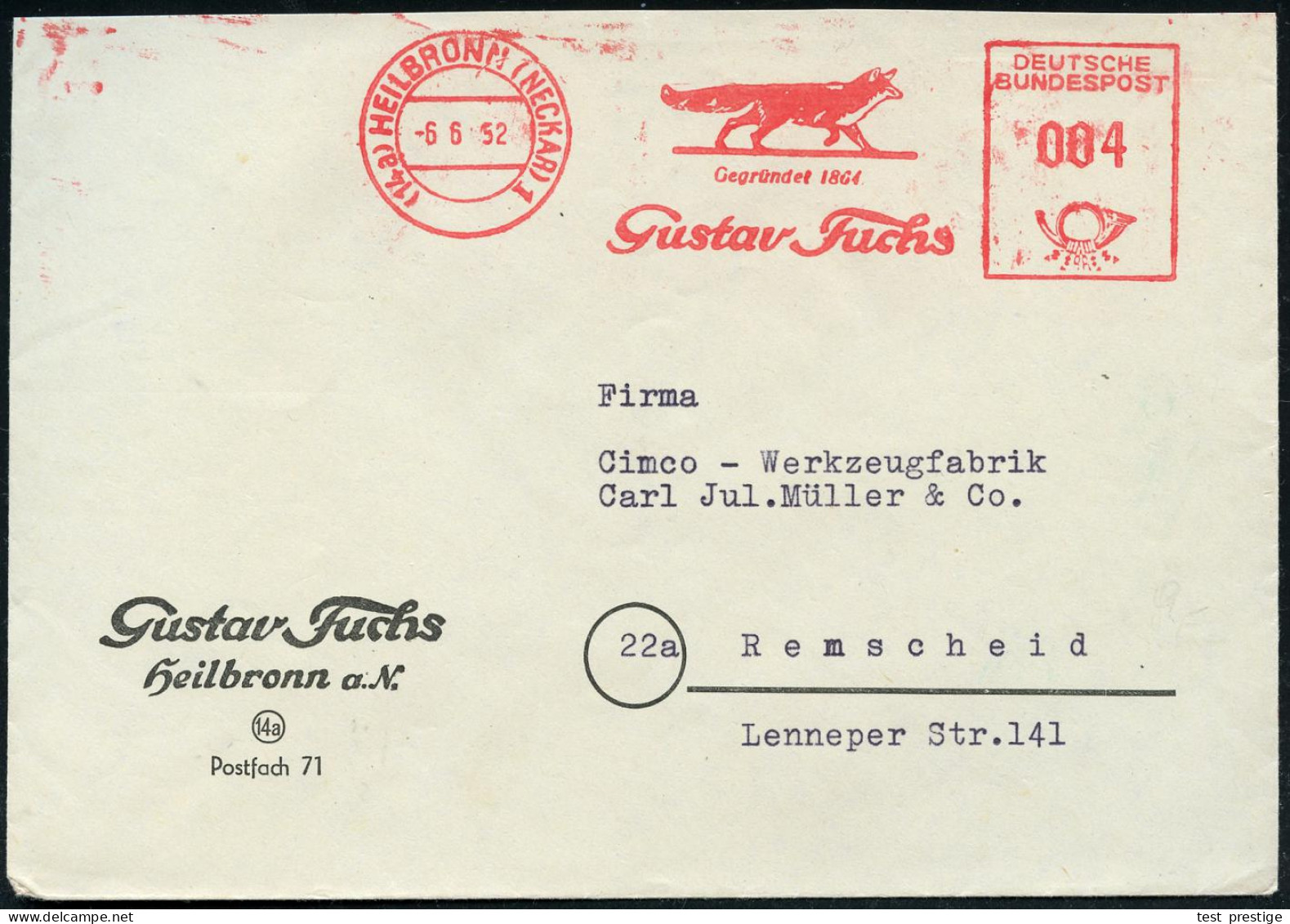 (14a) HEILBRONN (NECKAR)1/ ..Gustav Fuchs 1952 (6.6.) AFS Francoryp "Psthorn DEUTSCHE BUNDESPOST"= Fuchs , Firmen-Bf. (o - Perros