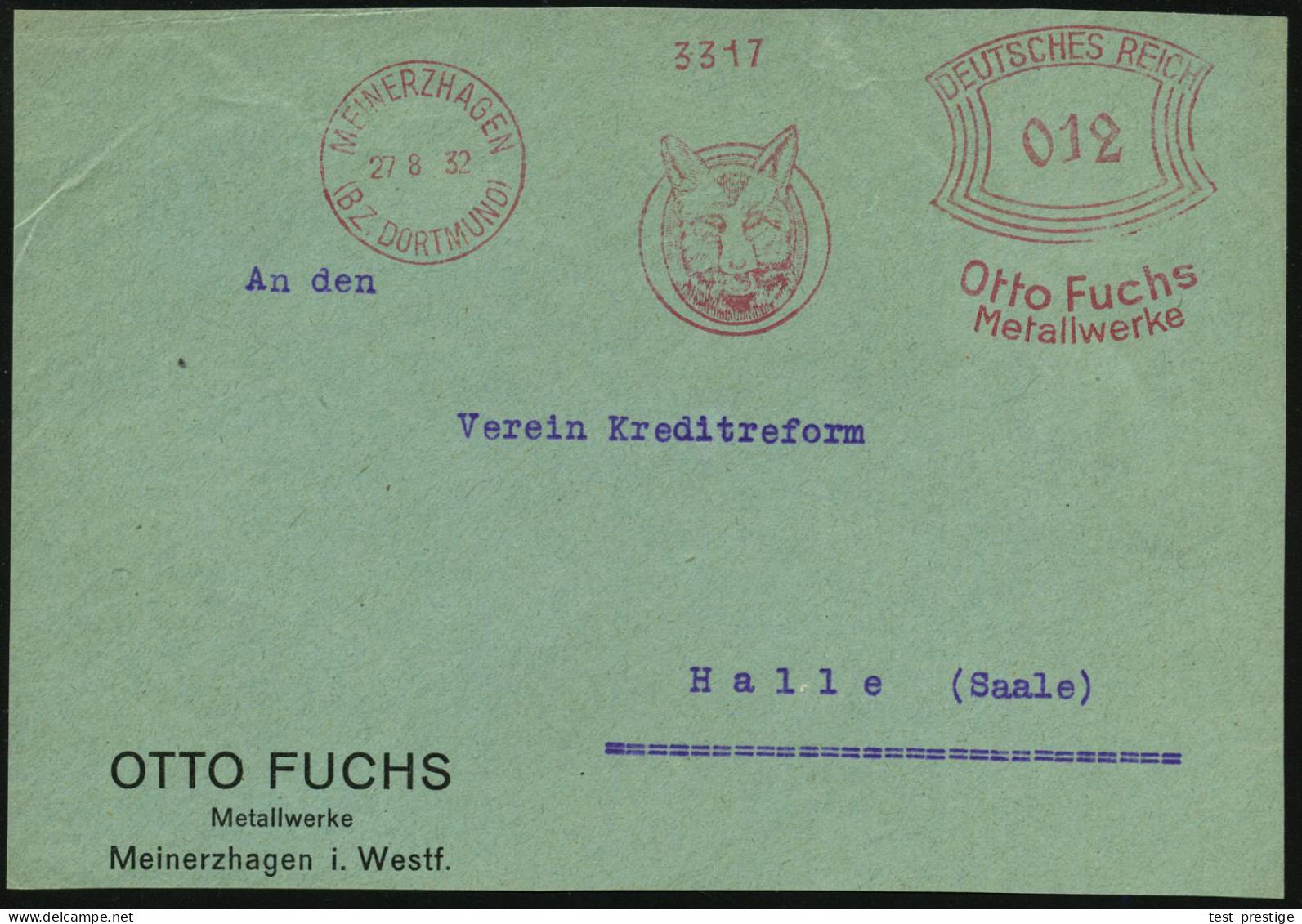 MEINERZHAGEN/ (BZ.DORTMUND)/ Otto Fuchs/ Metallwerke 1932 (27.8.) AFS Francotyp  "Bogenrechteck" = Fuchskopf , Klar Gest - Dogs