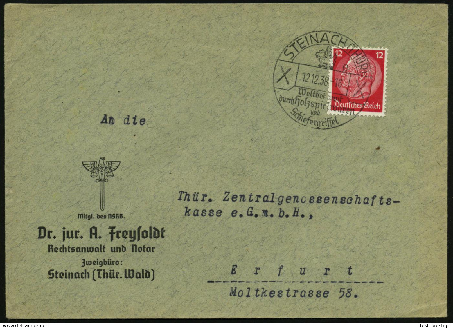 STEINACH (THÜR)/ E/ Weltbekannt/ Durch Holzspielwaren/ U./ Schiefergriffel 1938 (12.12.) HWSt = Spielzeug-Hund (auf Roll - Chiens