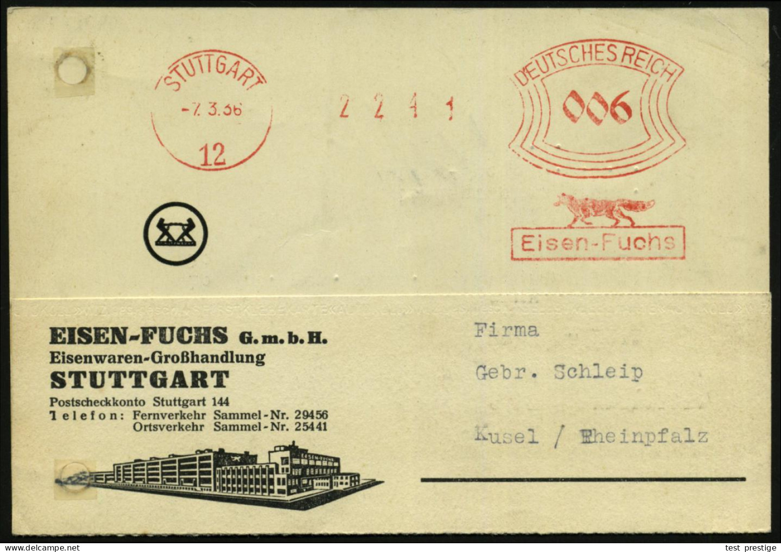 STUTTGART/ 12/ Eisen-Fuchs 1936 (7.3.) AFS Francotyp "Bogenrechteck" = Fuchs , Dekorative Firmenkt. (Reg.-Lochung Geschl - Hunde