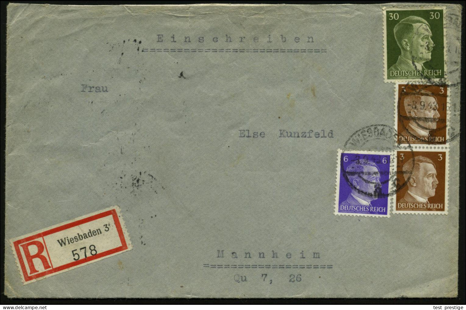 Wiesbaden 3 1943 (3.9.) 1K-Brücke + RZ: Wiesbaden 3, Rs. Abs.-4L: Peking Palast-Hund, Zwinger "Chou-Wang".. + 2 Dekorati - Chiens