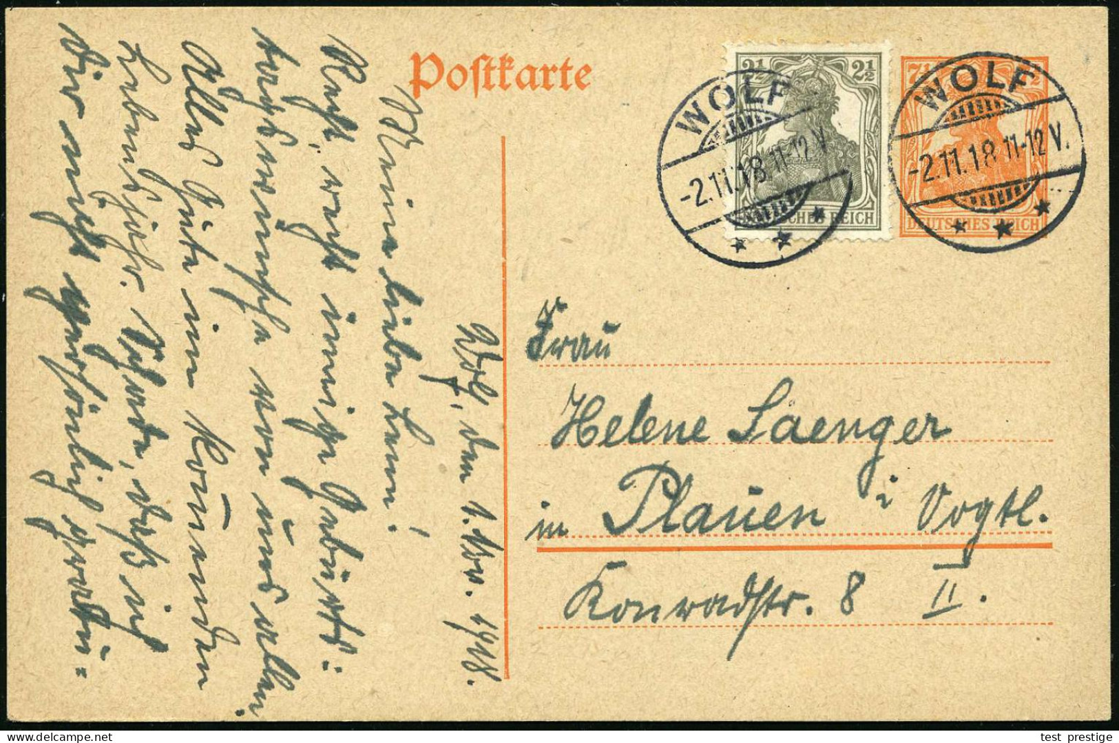 W O L F / *** 1918 (2.11.) 1K-Gitter 2 X Klar Auf Inl.-P. 7 1/2 Pf. Germania + Zusatzfrank. 2 1/2 Pf., Bedarf  (Mi.P 112 - Honden