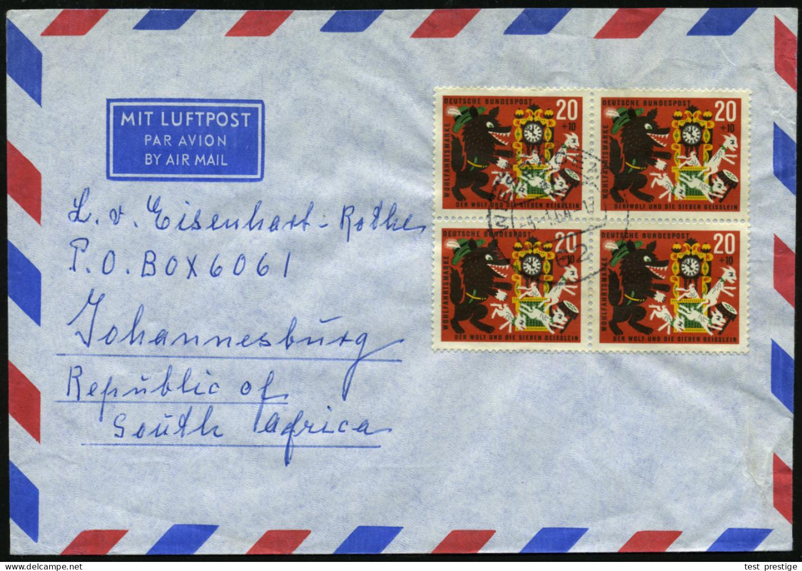 B.R.D. 1964 (5.1.) 20 + 10 Pf. Wofa Märchen, Reine MeF: 4er-Block = Wolf Jagd 7 Geißlein , Klar Gest. Übersee-Flp.-Bf. N - Hunde