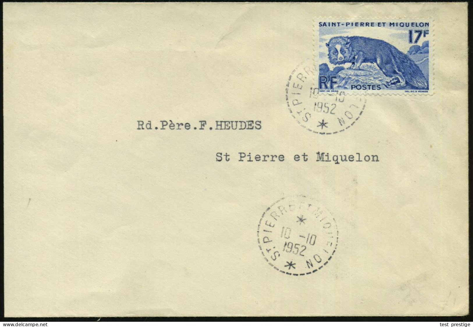 ST.PIERRE & MIQUELON 1952 (10.10.) 17 F. Silberfuchs, Blau, EF , Sauber Gest. (links Verkürzter) Inl.-Bf. (Mi.365 EF) -  - Hunde