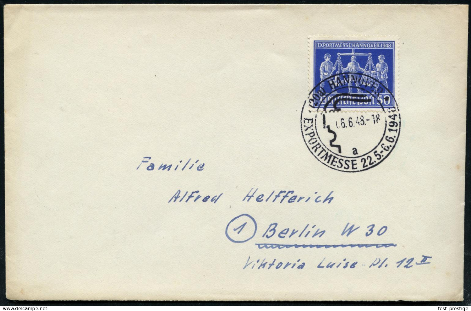 (20a) HANNOVER/ A/ EXPORTMESSE 22.5.-6.6. 1948 (6.6.) SSt Auf EF 50 Pf. Messe: Skulptur Von Adam Kraft "Das Abwiegen" (M - Other