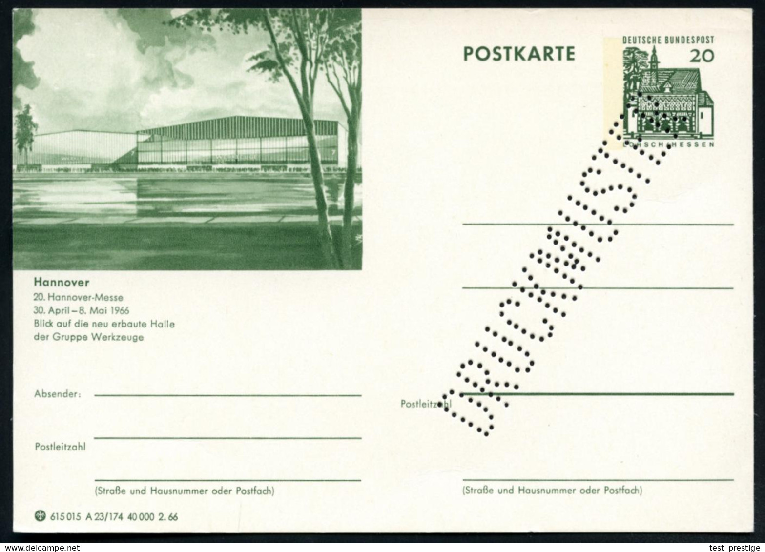 Hannover/ 20.Hann.-Messe/ ..Halle/ D.Gruppe Werkzeuge 1966 20 Pf. BiP Lorsch, Grün Mit Amtl. Lochung: "DRUCKMUSTER" ,ung - Otros