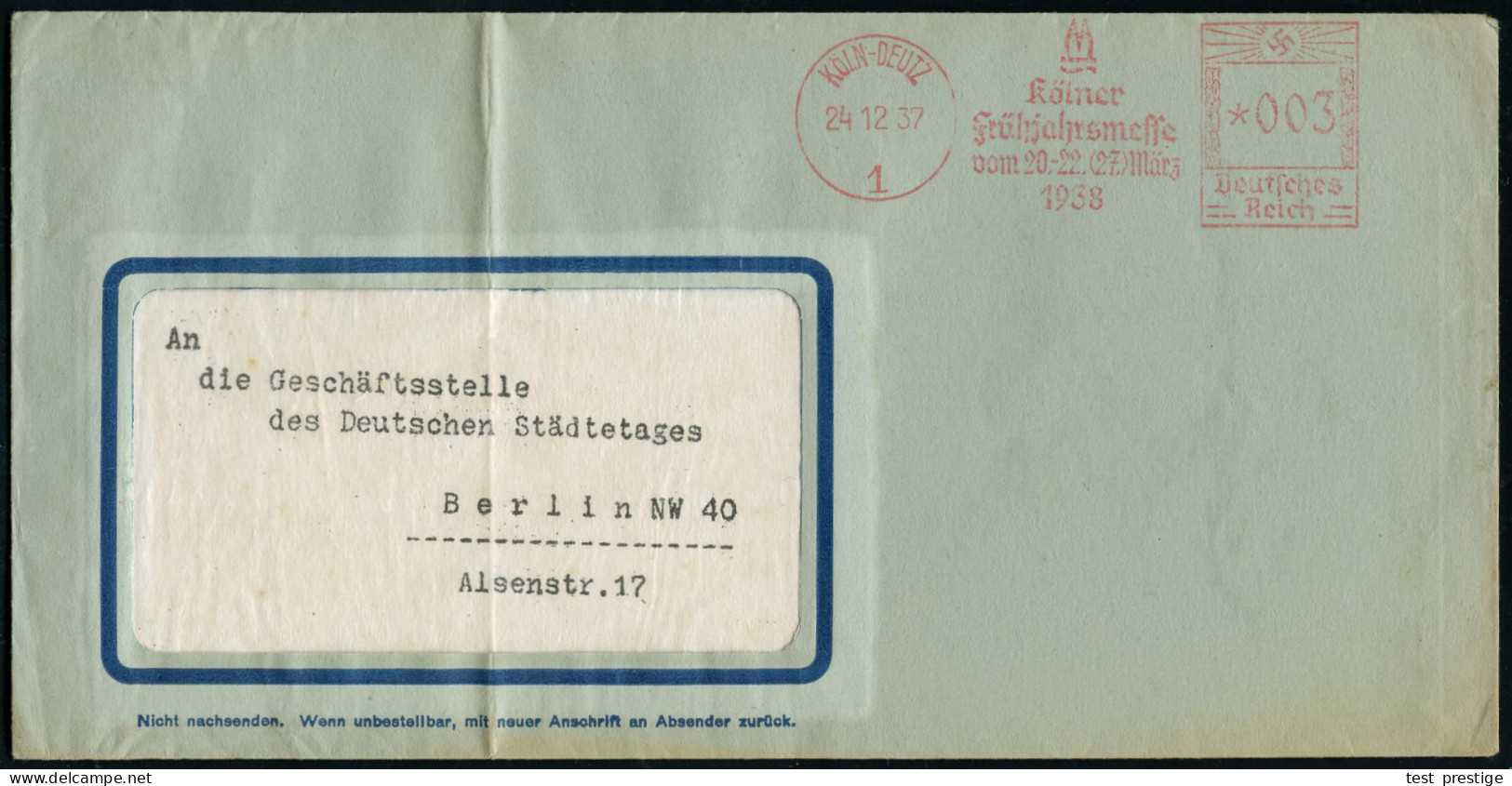 KÖLN-DEUTZ/ 1/ Kölner/ Frühjahrsmesse/ Vom 20.-22.(27.) März/ 1938 1937 (24.12.) Seltener AFS Francotyp (Messe-Logo: Dom - Other