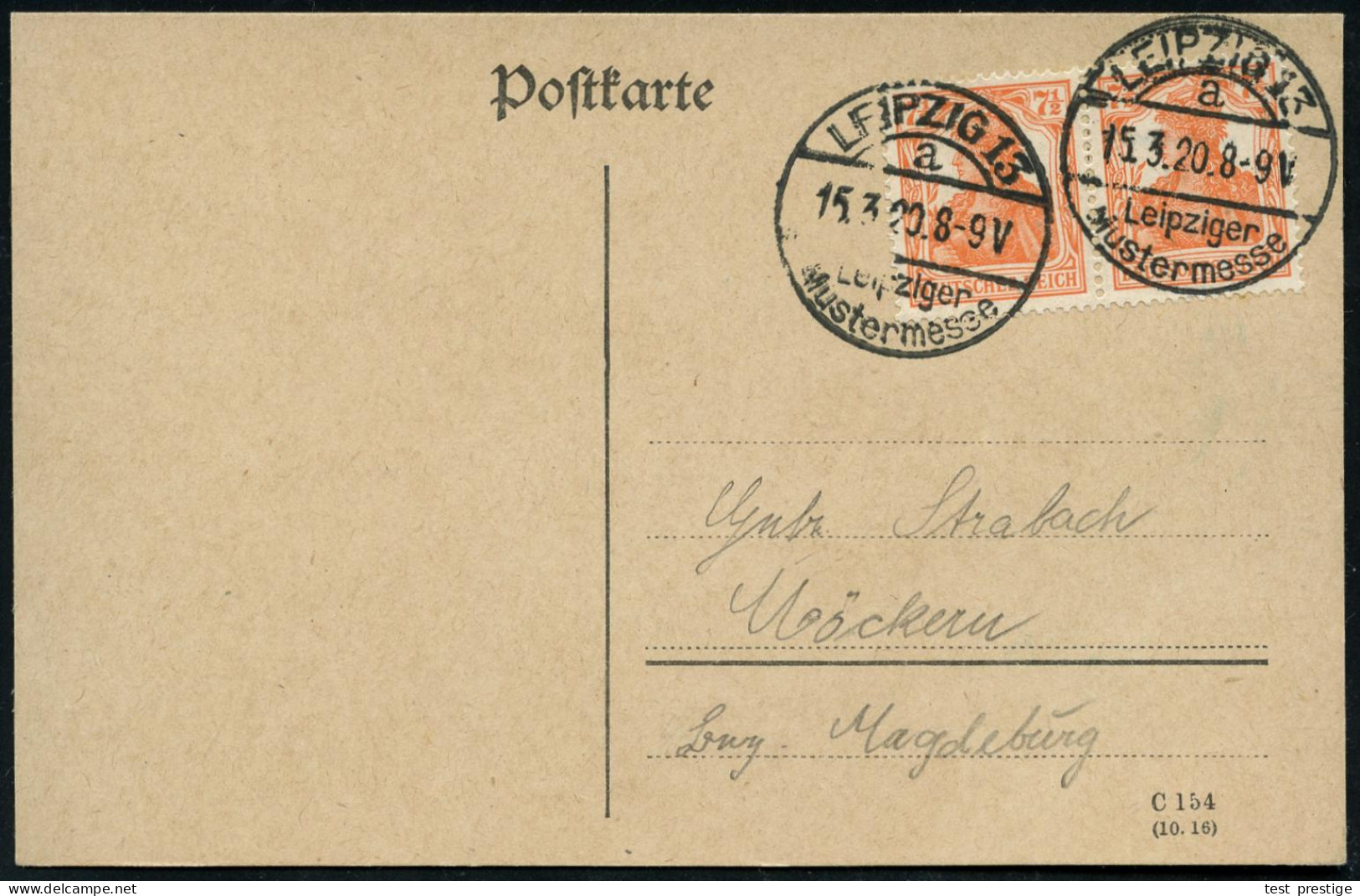 LEIPZIG 13/ A/ Leipziger/ Mustermesse 1920 (15.3.) Seltener SSt Klar Auf Paar 7 1/2 Pf.Germania (Mi.99 MeF) Fernkt, (Bo. - Otros