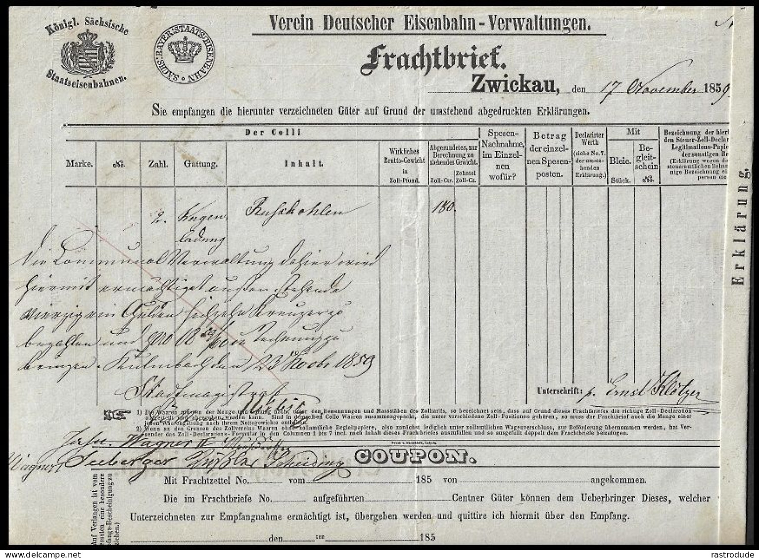 1859 ZWICKAU - KOENIGL. SÄCHSISCHE STAATSEISENBAHNEN FRACHTBRIEF - ERNST KLÖTZER - German