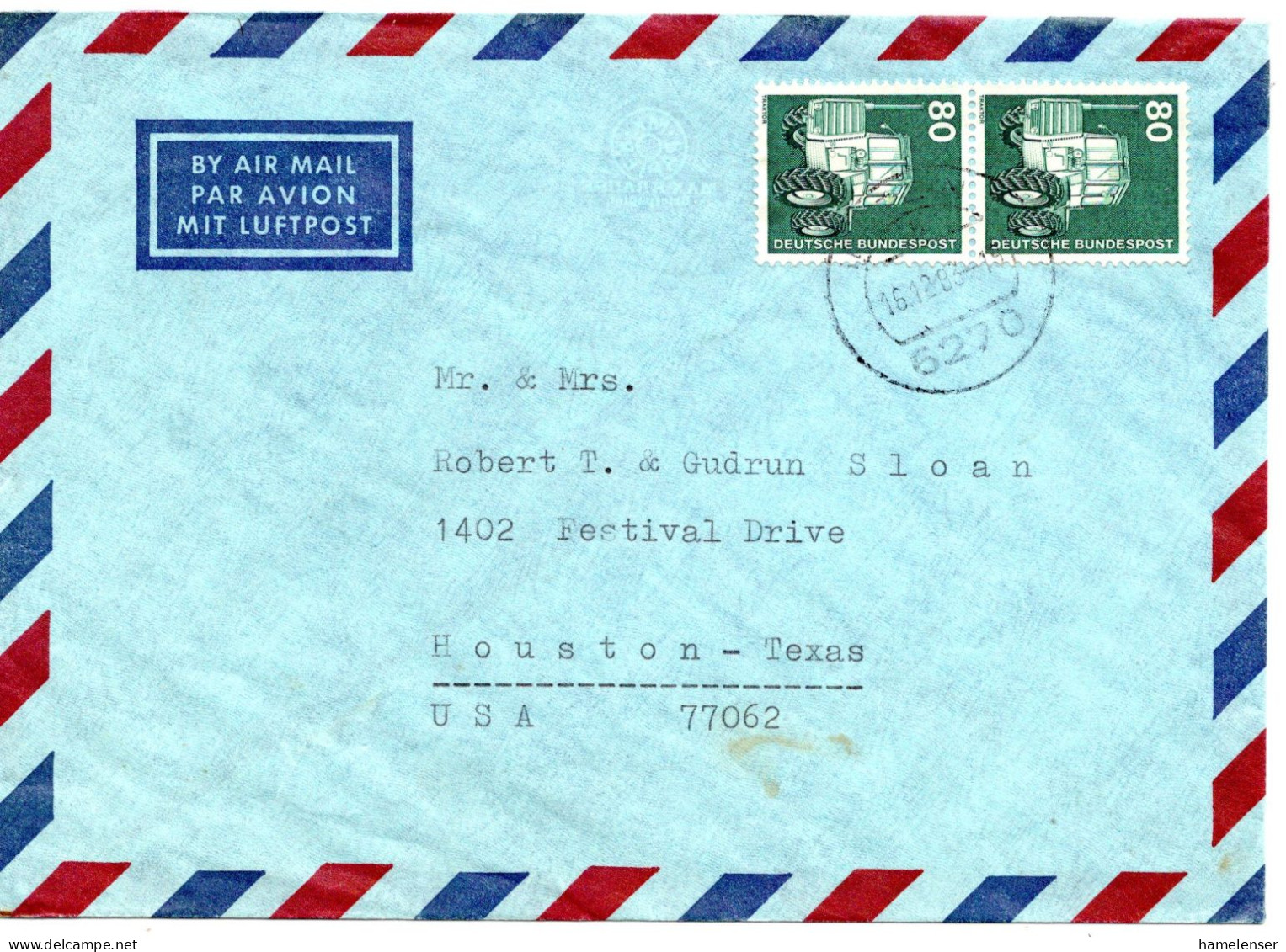 69776 - Bund - 1983 - 2@80Pfg I&T A LpBf IDSTEIN -> Houston, TX (USA) - Cartas & Documentos