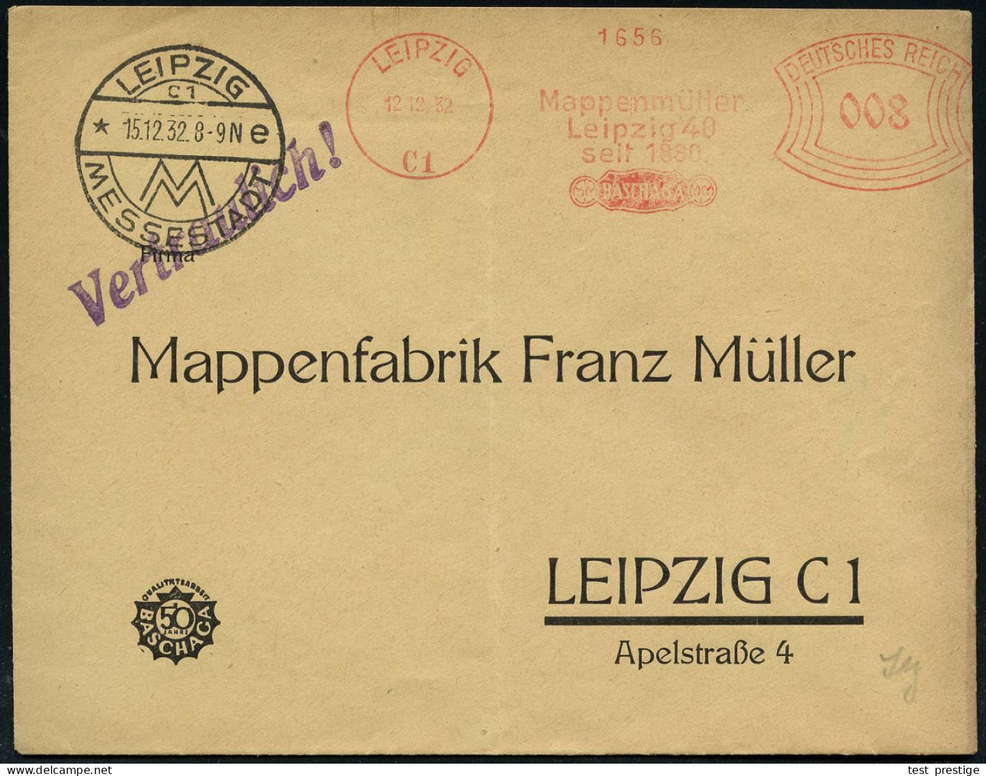 LEIPZIG/ C1/ *e/ MM/ MESSESTADT 1932 (15.12.) HWSt + AFS Francortyp: LEIPZIG/C1/Mappenmüller.. 008 Pf. Vorausfrankierter - Autres