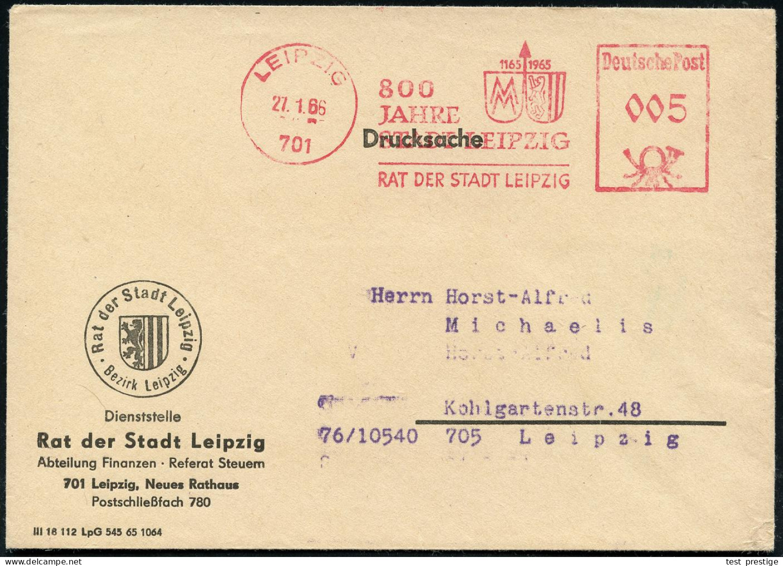 701 LEIPZIG/ 1165 1965/ 800/ JAHRE/ STADT LEIPZIG/ RAT DER STADT 19666 (27.1.) Jubil.-AFS Francotyp (Messe- U. Stadtwapp - Autres