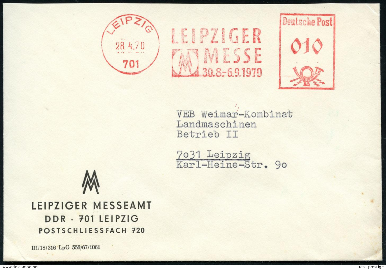701 LEIPZIG/ LEIPZIGER/ MESSE/ 30.8.-6.9.1970 1970 (28.4.) AFS Francotyp (Messemonogr.) Klar Auf Motivgl. Dienst-Bf. (Dü - Autres