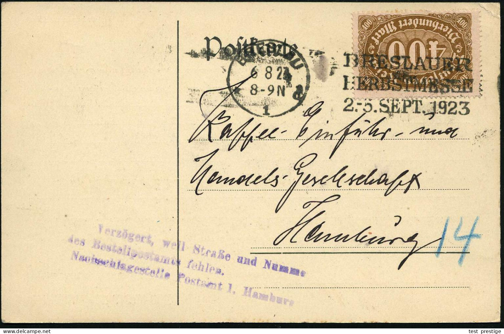 BRESLAU/ *1d/ BRESLAUER/ HERBSTMESSE/ 2.-5.SEPT. 1923 (10.8.) Seltener MWSt, Text Rechts Auf EF 400 Mk. Mit Firmenlochun - Other