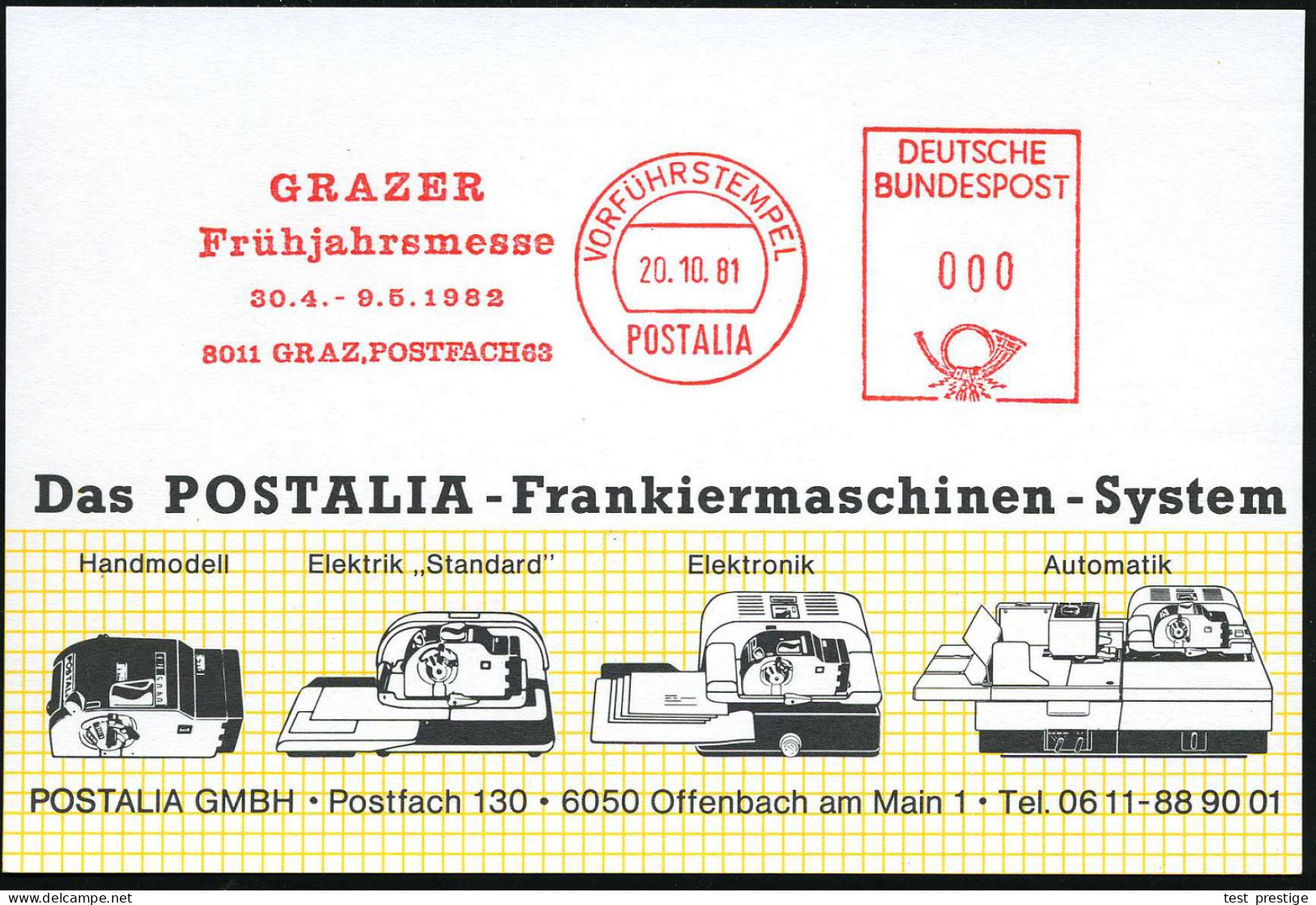 ÖSTERREICH /  BRD 1981 (20.10.) AFS: VORFÜHRSTEMPEL/POSTALIA/GRAZER/Frühjahrsmesse/30.4.-95.1982.. , Seltene Postalia-Mu - Otros