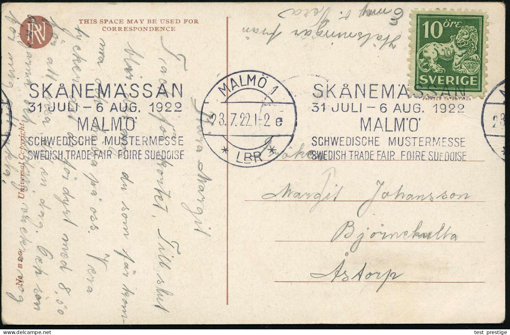 SCHWEDEN 1922 (23.7.) Band-MWSt: MALMÖ 1/*LBR*/SKANEMÄSSAN/..SCHWEDISCHE MUSTERMESSE.. (viersprach.Text!) Klar Gest. Bed - Otros