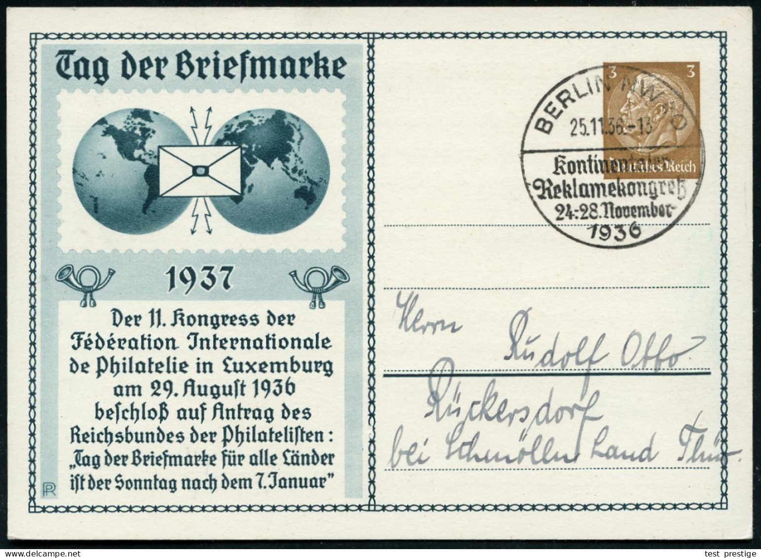 BERLIN NW 40/ Kontinentaler/ Reklamekongreß 1936 (Nov.) SSt Auf PP 3 Pf. Hindenbg., Braun: 11. Kongress Der Fédération J - Otros & Sin Clasificación