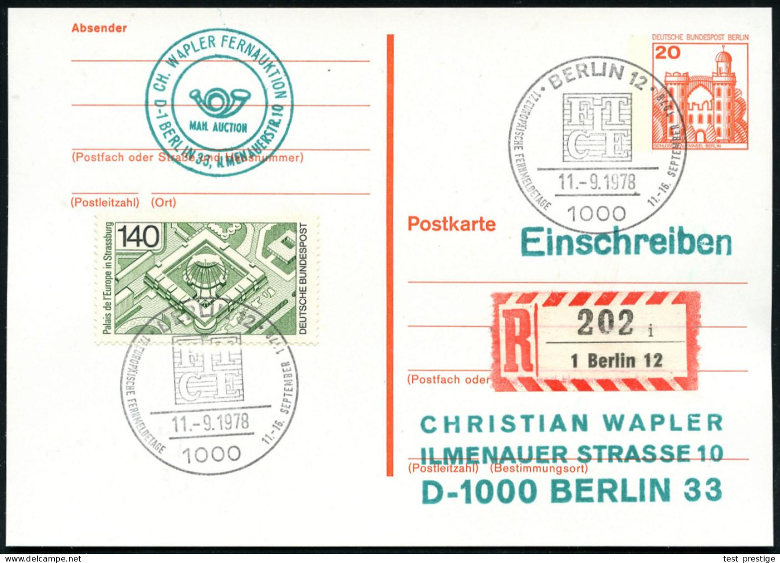 1000 BERLIN 12/ FITCE/ 17.EUROP.FERNMELDETAGE 1978 (11.9.) SSt (Monogr.-Logo) + RZ: 1 Berlin 12/i, Klar Gest. Orts-R-Kt. - Otros & Sin Clasificación